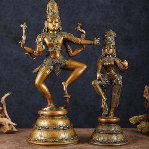 Dancing Shiva and Parvati Set | 22" & 17" Heights | 14 kg | Bronze Brown Finish | Divine Couple Dance | Sacred Hindu Art | Jaipurio